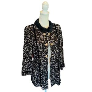 Ming Wang Black Printed Faux Fur Collar Knit Jacket XS